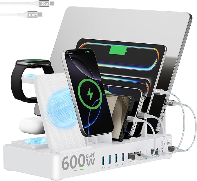 600w Charging Station for Multiple Devices, 15 in 1 Wireless Charger with 2pack 100w USB C Charger Cable, Dual 100w USB C Tablet Charging Station for MacBook,iPhone,iPad,Tablet (White)