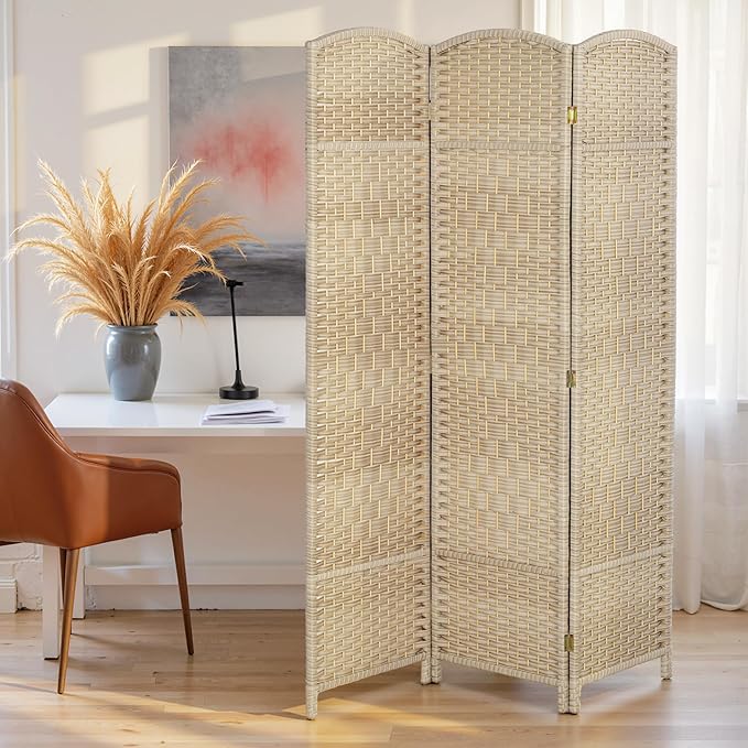 HOMCOM 3 Panel Room Divider, 6' Tall Folding Privacy Screen, Hand-Woven Freestanding Wall Partition for Home Office, Bedroom, Washed Oak