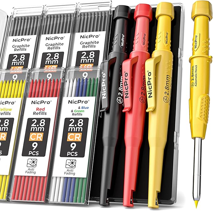 Nicpro 3 Pack CP3000 Carpenter Pencils with Sharpener, Carpenter Mechanical Pencil Set with 57 Refills, Heavy Duty Woodworking Tools Construction Pencil for Architect Marking (Red, Black, Yellow)