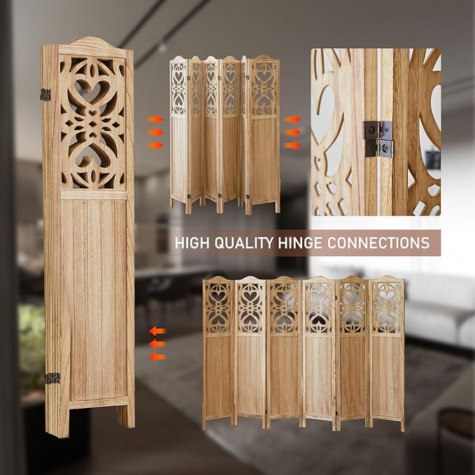 ALeesing 6 Panel Room Divider Fully Assembled, Carved Room Dividers and Folding Screens, 5.6Ft Wood Room Divider Screen Freestanding Partition Wall Dividers for Home Bedroom Office, Rustic Wood Color