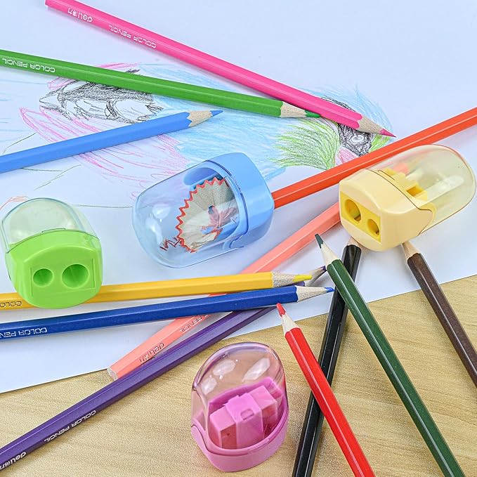 Small Pencil Sharpener for Kids, BOPART 24pcs Colored Pencil Sharpeners Manual Handheld Pencil Sharpener in Bulk for School Classroom Home Office, Dual Holes Sharpener Work on Crayon or Makeup Pencils