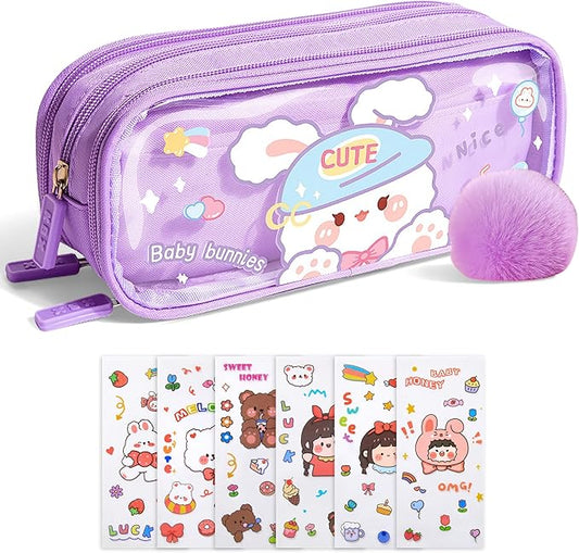 UINSUE Cute Pen case Adorable Bunny Transparent 3-Layer Large Capacity Pencil Case Gadget organizer with Lovely Stickers (Purple-Doggy)