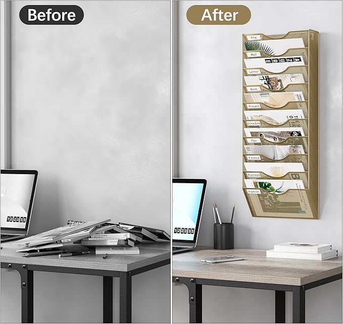 EasyPAG 10 Pocket Mesh Wall File Organizer, Hanging Paper Folder Holder with Classify Label, Vertical Wall Mount Mail Organizer for Office Home Classroom, Gold