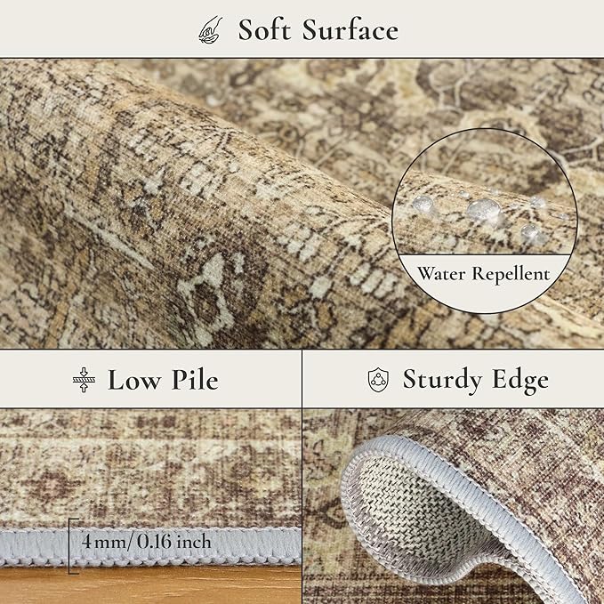 GENIMO 6x9 Area Rugs for Living Room, Machine Washable Non Slip Vintage Rugs, Low Pile Lightweight Chenille Print Rug for Bedroom, Dining Room, Home Office, Green Khaki