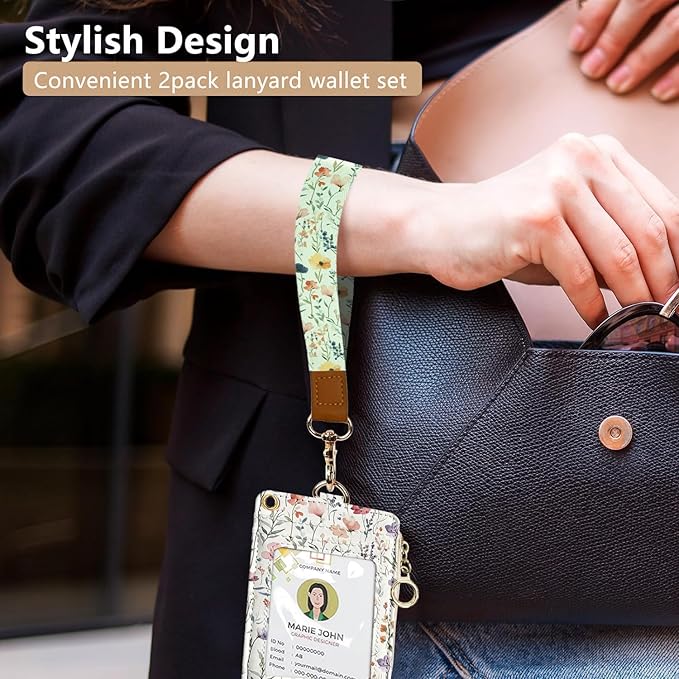 bolimoss 2-in-1 ID Badge Holder & Lanyard Wallet, Cute Florals Leather ID Badge Wallet for Teacher, 5 Card Slots Side Zipper Pocket Detachable Neck Wrist Lanyard for Key (Watercolor Flower)