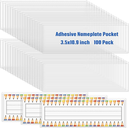 Jeyiour 100 Pcs Label Holders Adhesive Nameplate Pockets Storage Bin Labels Index Card Holder Shelf Plastic Peel Stick for Classroom Supermarket Bookshelf Library Student Box Drawer (3.5 x 10.9 Inch)