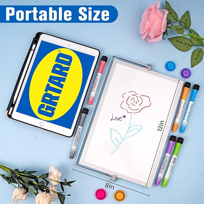Grtard Magnetic Dry Erase White Board with Stand, 12''x8'' Double-Sided White Board, Desktop Whiteboard with Stand, Magnetic WhiteBoard Portable, Dry Erase Board for ToDo, Drawing