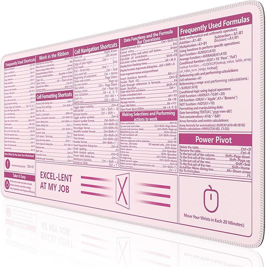iCasso Excel Cheat Sheet Desk Pad,Excel Mouse Pad Shortcuts,Excel Shortcuts Cheat Sheet Keyboard Mat, Extended Large XXL Non-Slip Mousepad with Stitched Edges for Computer(Pink Excel Shortcuts)