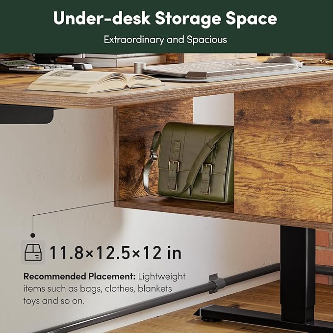 FEZIBO Electric Standing Desk 48 x 24 Inch with Monitor Shelf, 3 Drawers and Open Storage, Home Office Computer Workstation, Rustic Brown, 2 Packages