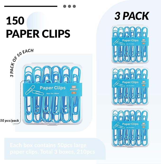 NEEWAY Colorful Large Paper Clips, 2 Inch Jumbo Paper Clips, 150 Count, 3 Pack of 50 (Blue)