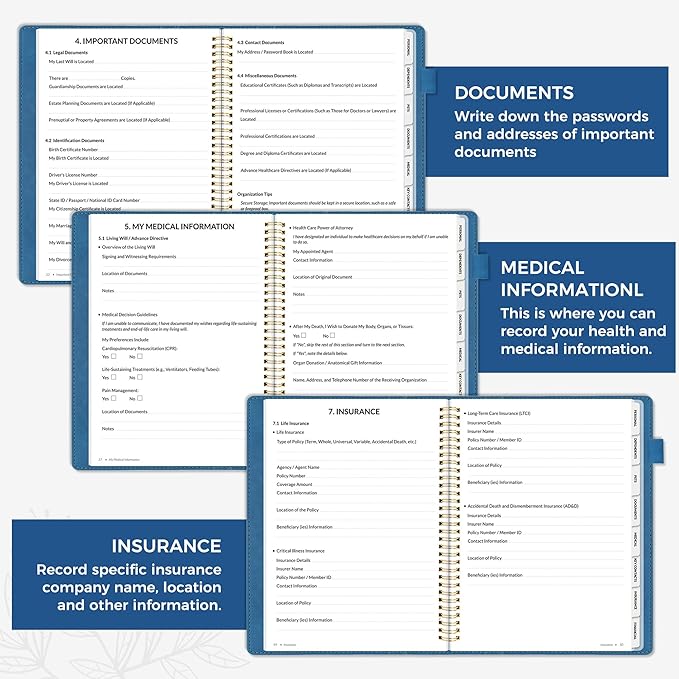 SUNEE End of Life Planner - I‘m Dead Now What Planner, Large Print Spiral-Bound Estate Organizer with Tabs for Seniors & Family. Covers Final Wishes, Passwords & Funeral Planning.A4（9"x11.2"), Blue