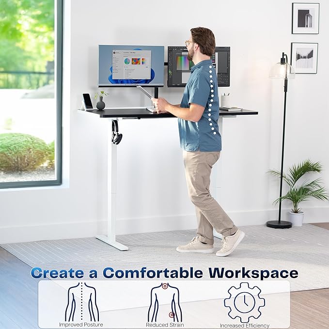 VIVO Electric 60 x 24 in Standing Desk, Memory Height Adjustment, 1B Series, Holds 220 lbs, One-Piece Black Top, White Frame, DESK-KIT-1W6B
