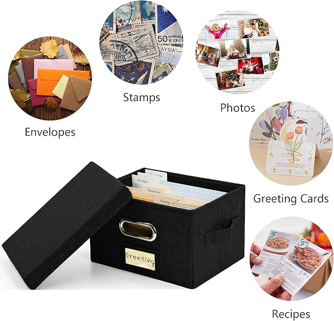 Remowith Greeting Card Organizer and Storage Box with 40 Pcs Adjustable Dividers, Storing Cards with 168 Pcs Labels Perfect for Storing Greeting Cards, Envelopes, Photos 2 Pack Black