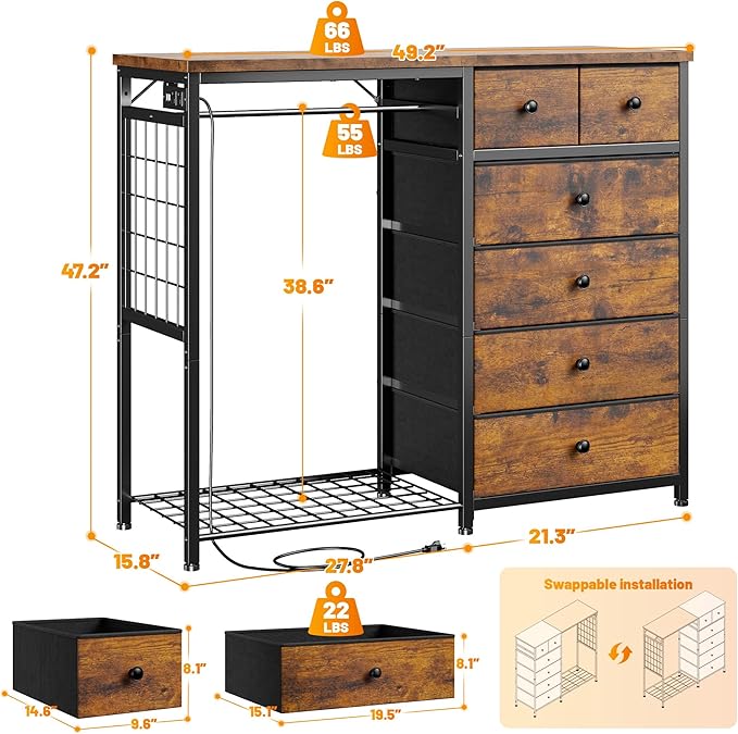 EnHomee 49.2" W Dresser with Hanging Rack & 6 Fabric Drawers – Wooden Top Organize Unit Featuring LED Lights, Charging Station & Grid Panel & Hooks for Bedroom, Rustic Brown
