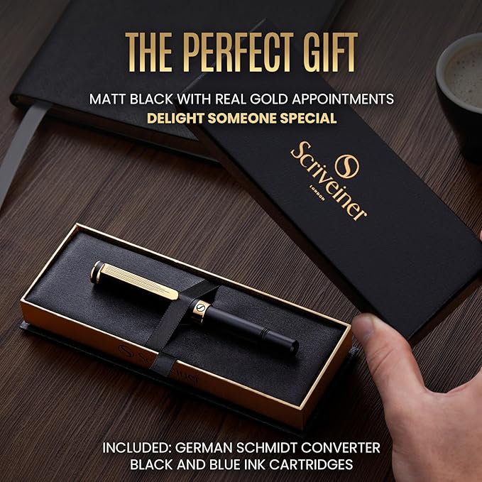 Scriveiner Luxury EDC Fountain Pen (Fine), Stunning Black Pocket Pen with Real Gold Finish, Schmidt Gilded Nib, Ink Converter, Best Writing Gift Set for Men & Women, Nice Fancy Office Designer Gift