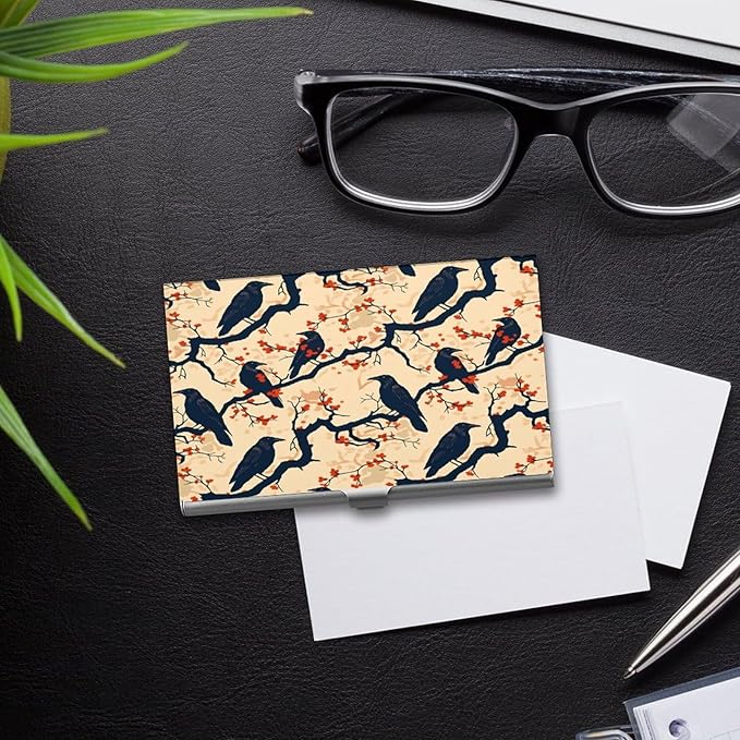 haigof Crow Business Card Holder Business Card Case Metal Business Card Organizer 3.7X2.2 In