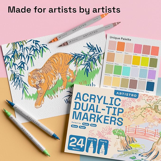ARTISTRO 24 Pastel Acrylic Paint Markers - Paint Pens Dual Tip Brush + Fine Ideal for Calligraphy - Perfect for Fabric, Rock, Glass, Wood, DIY - Art Supplies, Stocking Stuffers, Christmas Gift Idea