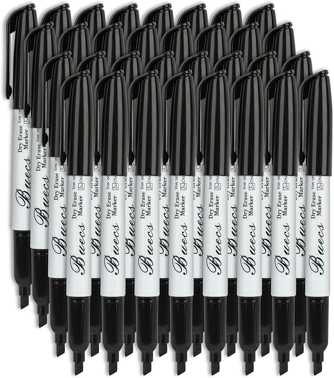 Buecs Black Dry Erase Markers, Low-Odor, 108 Count, Chisel tip, Perfect for Writing on Whiteboards, Dry-Erase Boards, Glass, School Office Supplies