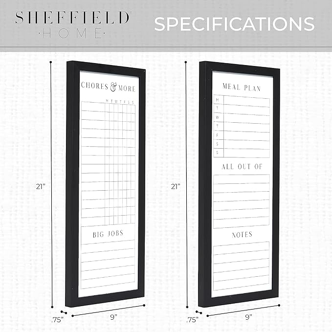 Sheffield Home Set of Two Family Planner Dry Erase Boards Featuring, Chore Chart, Shopping List, Weekly Meal Planner and Notes, 9x21 Inch, Black