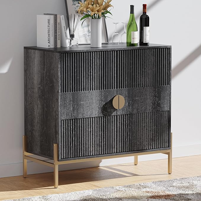 HOCAT 30.7" Accent Cabinet, Modern Buffet Cabinet with Gold Metal Legs, Fluted Sideboard for Dining Room, Kitchen, Darkgrey
