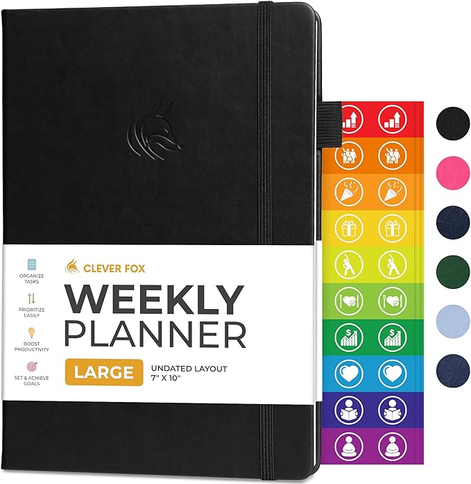 Clever Fox Planner Large – Undated Weekly & Monthly Planner for Productivity, Time Management & Goals – Organizer Journal – 7x10” (Black)