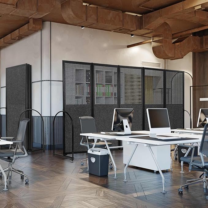 Folding Room Partition,Freestanding Privacy Divider,Portable Office Divider Wall,Commercial Space Partition Screen,Perforated Felt Panel Design,10'6"W x 6'7"H,5 Panel,Dark Grey