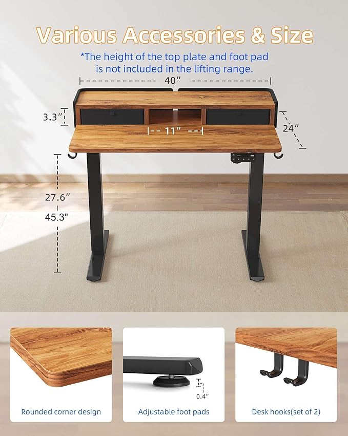 YIHAYO Electric Standing Desk with Drawers, 40 x 24 Inches Adjustable Desk with Storage Shelf, Stand Up Desk with Splice Board, Computer Table for Home Office, Black Frame/Rustic Brown Top