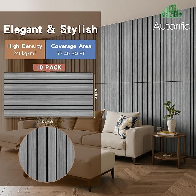 AUTORIFIC Wood Veneer Sound Panels, 10 Pack 47.2”x23.6” Wall Panels, Decorative Acoustic Panels for Walls, for Office,Home Theater,Studio,Living Room, Gray Oak(Mitred)