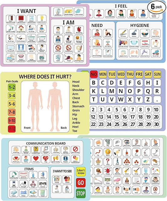 6 Pcs Communication Boards for Non Verbal Adults 11.81 x 8.27'' Colorful Picture Symbol Communication Cards Speech Tool for Autism Aphasia Stroke Patients Hospital Care Use (Multi)