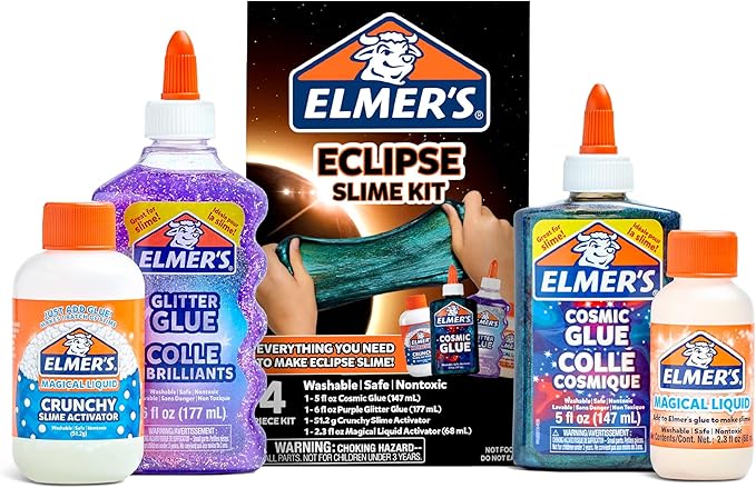 Elmer’s Eclipse Slime Kit, Slime Supplies Includes Cosmic Glue, Purple Glitter Glue, Original and Crunchy Slime Activators, 4 Count