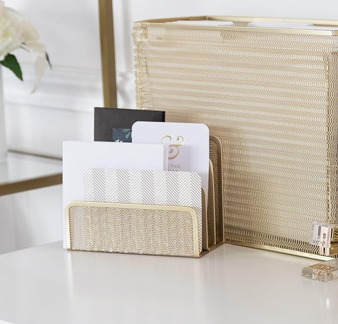 BLU MONACO | Gold Metal Mesh Mail Sorter Organizer Countertop | Paper Sorter for Desk with Three Tiers | Letter Organizer and Outgoing Mail Holder