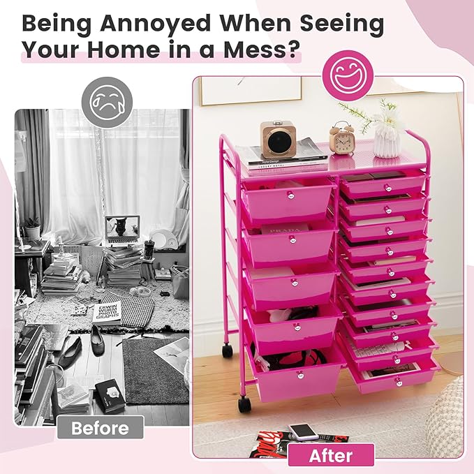 DORTALA 15-Drawer Rolling Storage Cart with Drawers, Rolling Utility Cart w/Removable Drawers & Universal Wheels, Tools Scrapbook Paper Organizer for School, Office, Home, Classroom (Hot Pink)