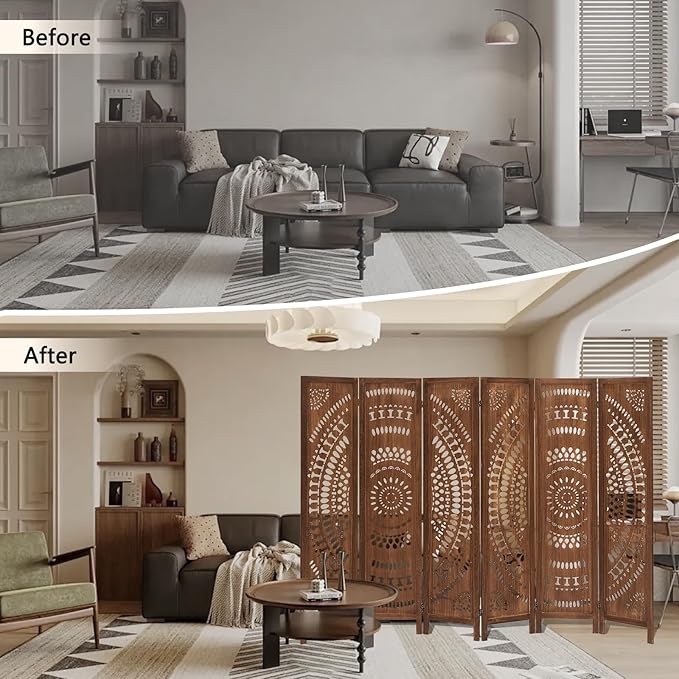 ALeesing 6 Panel Wood Room Divider Fully Assembled, Decorative Room Dividers and Folding Screens, 5.6Ft Room Divider Screen Freestanding Partition Wall Dividers for Home Bedroom Office, Dark Brown
