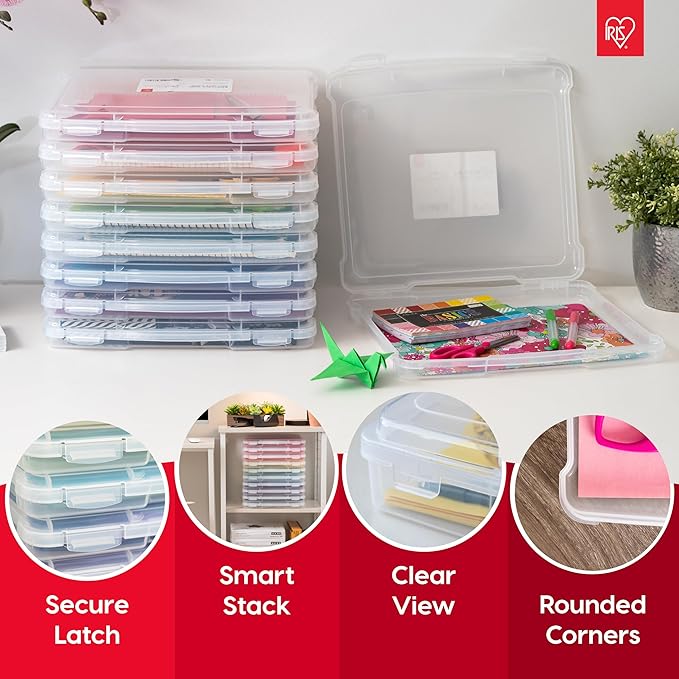 IRIS USA Board Game Storage Craft Organizer Box with Snap-Tight Latch Lid, 10-Pack Portable Plastic Case Bin for Puzzles, Magazines, Hobbies, Art Supplies, Fits 8.5" x 11" & A4 Papers, Slim, Clear