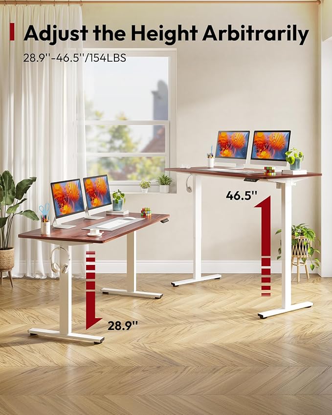 SANODESK Electric Standing Desk 55 x 28 Inches Whole-Piece Desktop Height Adjustable Stand Up Desk w/6-Button Controller Ergonomic Computer Desk for Home Office, White Frame + Mahogany Tabletop