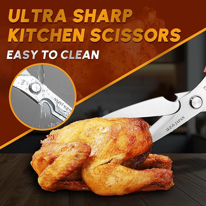 HUUSK Kitchen Scissors Set Red - Stainless Steel Kitchen Shears, Sharp Meat Scissors Dishwasher Safe, Heavy Duty Poultry Shears All Purpose, Japanese Cooking Scissor for Food,Christmas Gifts for Women