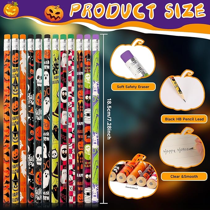 JULMELON 72PCS Halloween Party Favors Set,36PCS Halloween Pencils with 36PCS Ghost Pumpkin Skeleton Bat Spider Erasers, Wooden Pencils for School Classroom Office Party Reward Supplies