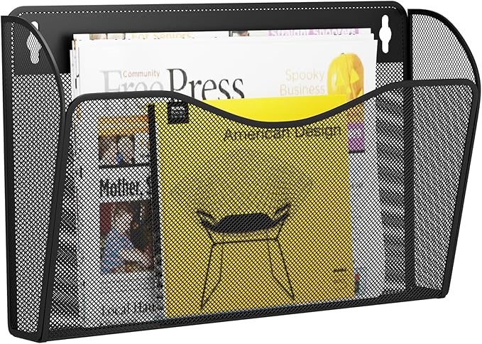 GDINDINFAN Single Pocket Wall File Holder, Mesh Hanging File Folder Paper Organizer, Vertical Wall Mounted Mail Basket, Storage Organization Magazine Rack for Office, Home and School, Black