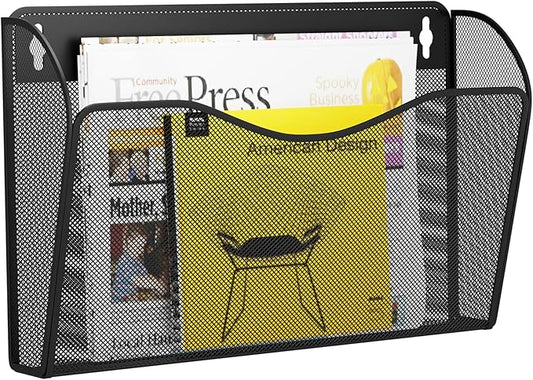 GDINDINFAN Single Pocket Wall File Holder, Mesh Hanging File Folder Paper Organizer, Vertical Wall Mounted Mail Basket, Storage Organization Magazine Rack for Office, Home and School, Black