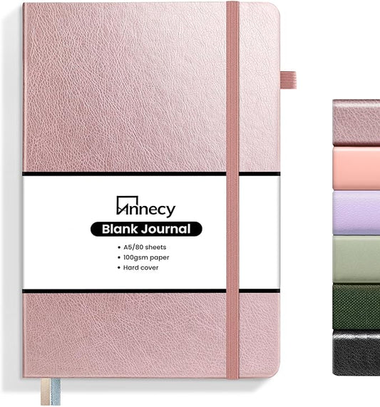 Annecy Blank Journal Notebook, Medium 5.5x 8.25, 160 Pages 100GSM Writing Paper, A5 Rose Gold Faux Leather Cover with Pen Loop