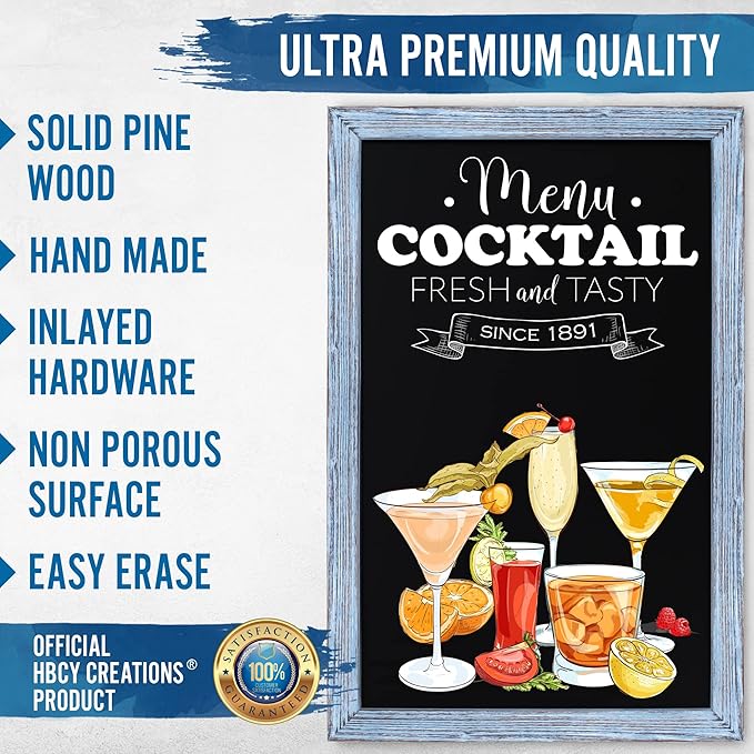 HBCY Creations Rustic Blue Wooden Magnetic Wall Chalkboard, Extra Large Size 24" x 36", Framed Decorative Chalkboard - Great for Kitchen Decor, Weddings, Restaurant Menus and More! (24" x 36")