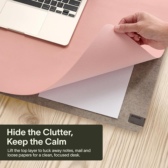 Nordik Felt and Leather Desk Mat - Desert Blush Pink - 35x17 Inch Felt and Vegan Leather Desk Blotter with Document Hideaway - Large Computer Mats for Desktop - Ideal Keyboard Mat for Office and Home