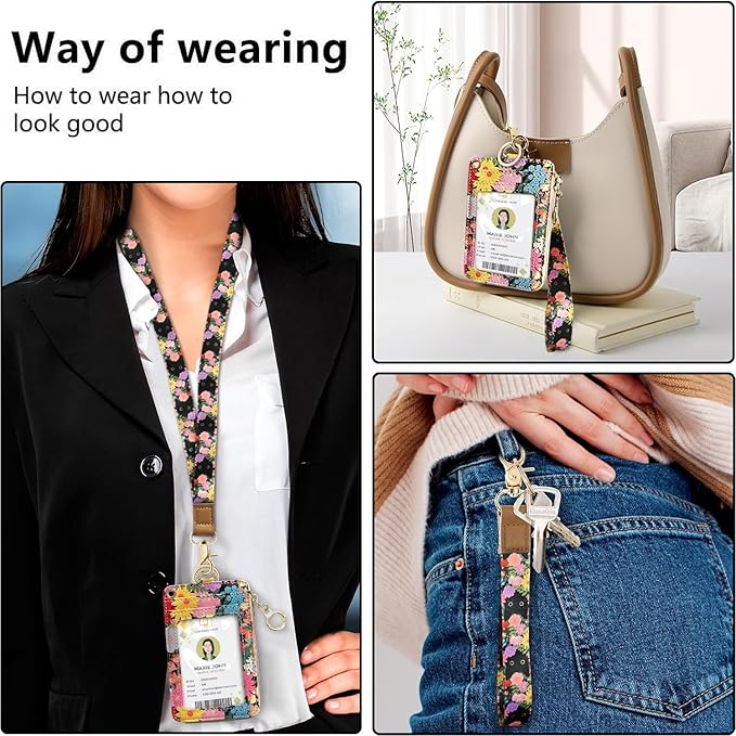 bolimoss Black Cat Flower Lanyard Wallet,Pu Leather Women Zid ID Case with Lanyards,Cute Neck & Wrist Lanyard Keychain for Women, Teacher, Nurse, Office Name Tag Badge Holder ID Card Holder