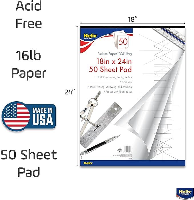Helix - 100% Rag Vellum Paper Pad - 18 Inch x 24 Inch - 50 Sheet Pad - Acid-Free - Drafting, Art, Sketching and Tracing