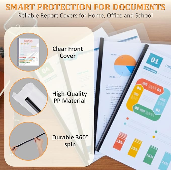 10 Pack Report Covers with Sliding Bar - Clear Plastic Presentation Folders for A4 & Letter Size Paper, 70 Sheet Capacity File Document Binder for School, Office, Resume & Business Use