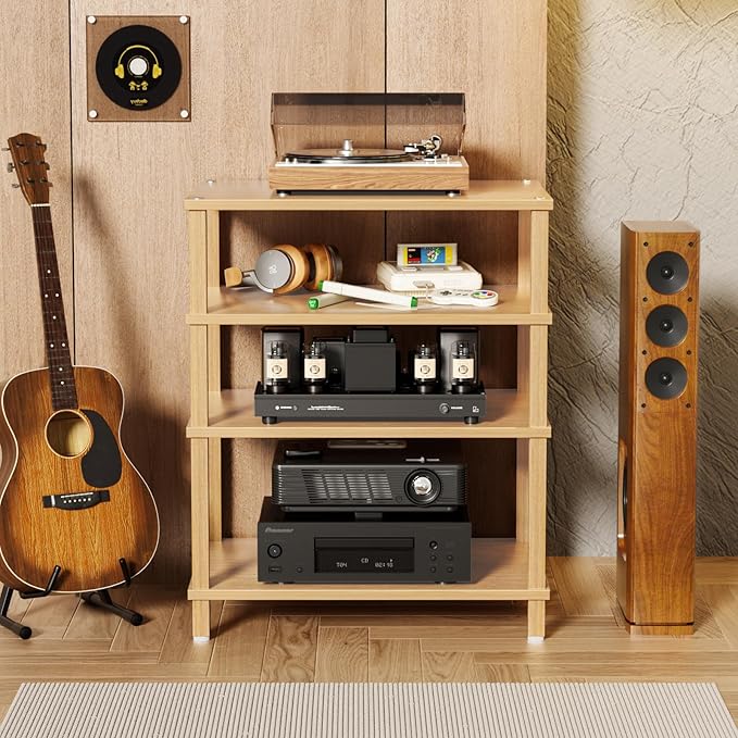 LELELINKY 4-Tier AV Media Player Stand Set of 2, Natural Stereo Cabinet, Wooden TV Stand,Game Console Shelf, Multifunctional Entertainment Center, Suitable for Home, Conference Room, Game Studio