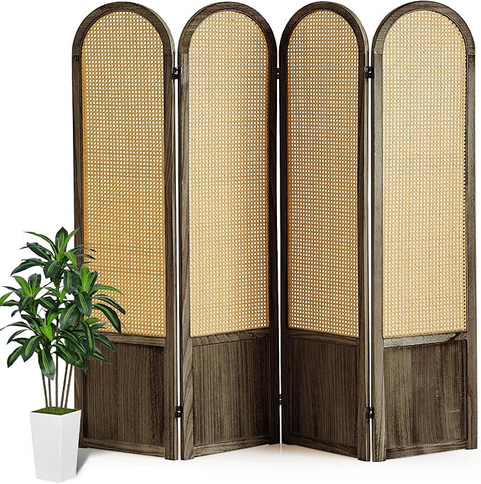 Asnefeli 4 Panel Room Divider Wall, Folding Privacy Screen, Foldable Wood Divider Room Dec, Rattan Room Divider, Portable Partition Screen, Wall Divider for Room Separation Home Office (Brown)