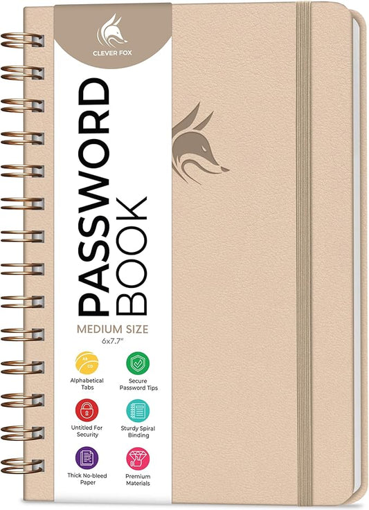 Clever Fox Password Book Spiral – Internet Address & Password Organizer with Laminated Alphabetical Tabs – Password Keeper Journal – Hardcover, Medium Size, 6.1x7.7” (Seashell)