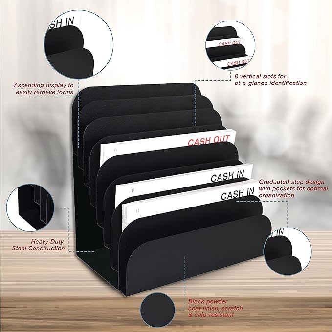 BankSupplies STEELMASTER Steel Cashier Pad Rack - 8 Slot File & Desk Organizer - Paper Organizer - Black Powder Coat Finish - Scratch & Chip-Resistant - Forms, Applications, Deposit Slips & Checks