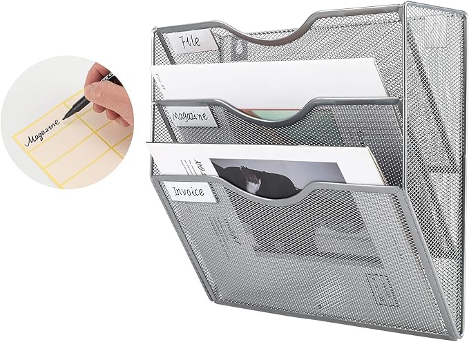 EasyPAG Hanging Wall File Organizer, 3 Pocket Wall Mounted Mail Organizer, Vertical Document Folder Holder with Nametag Label, Space Saving Paper Storage Magazine Rack for Office Home School, Silver